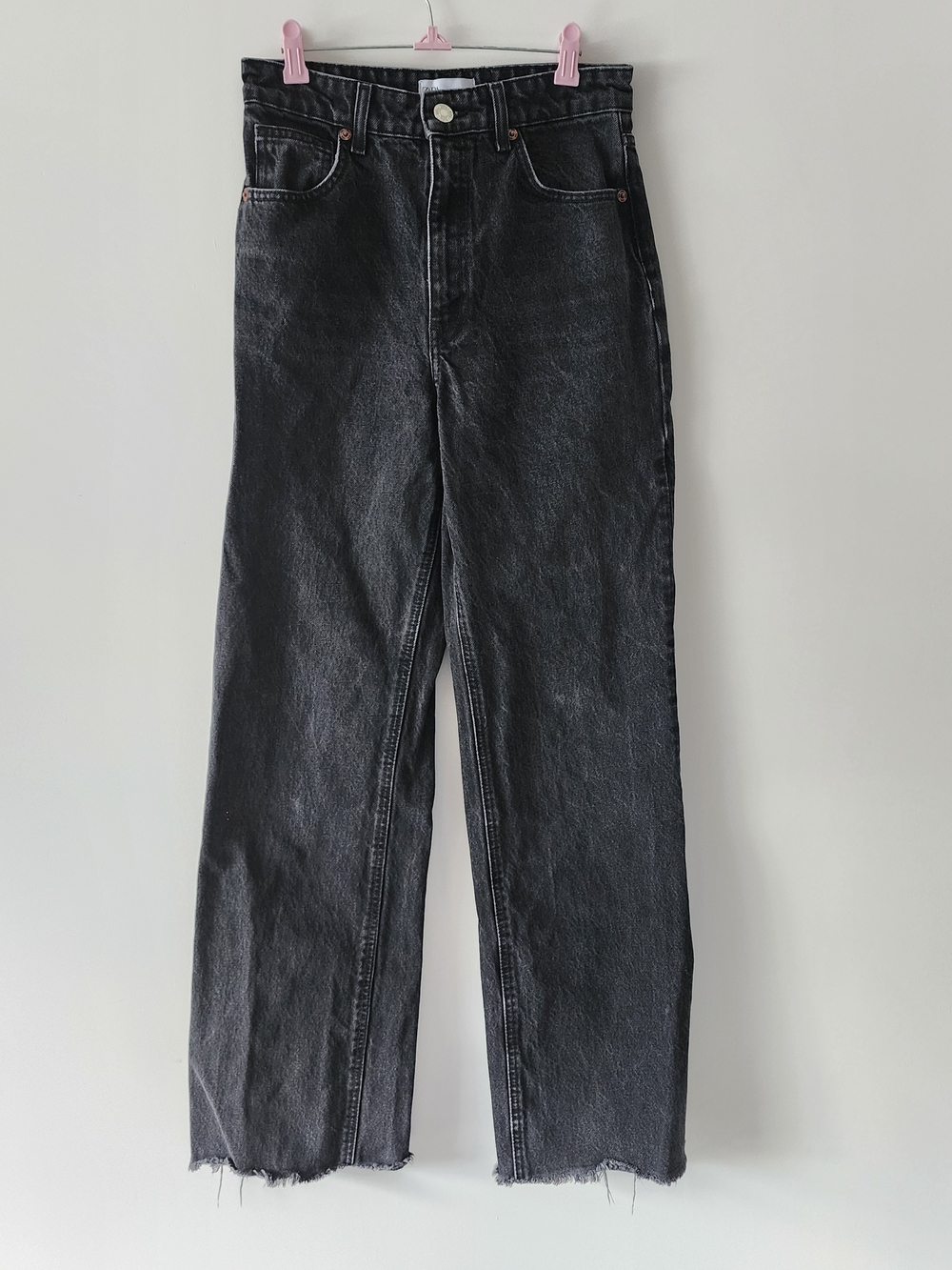 ZARA Wide Leg Denim Jeans Womens Size 6 Black Raw Hem High Rise Retro Streetwear